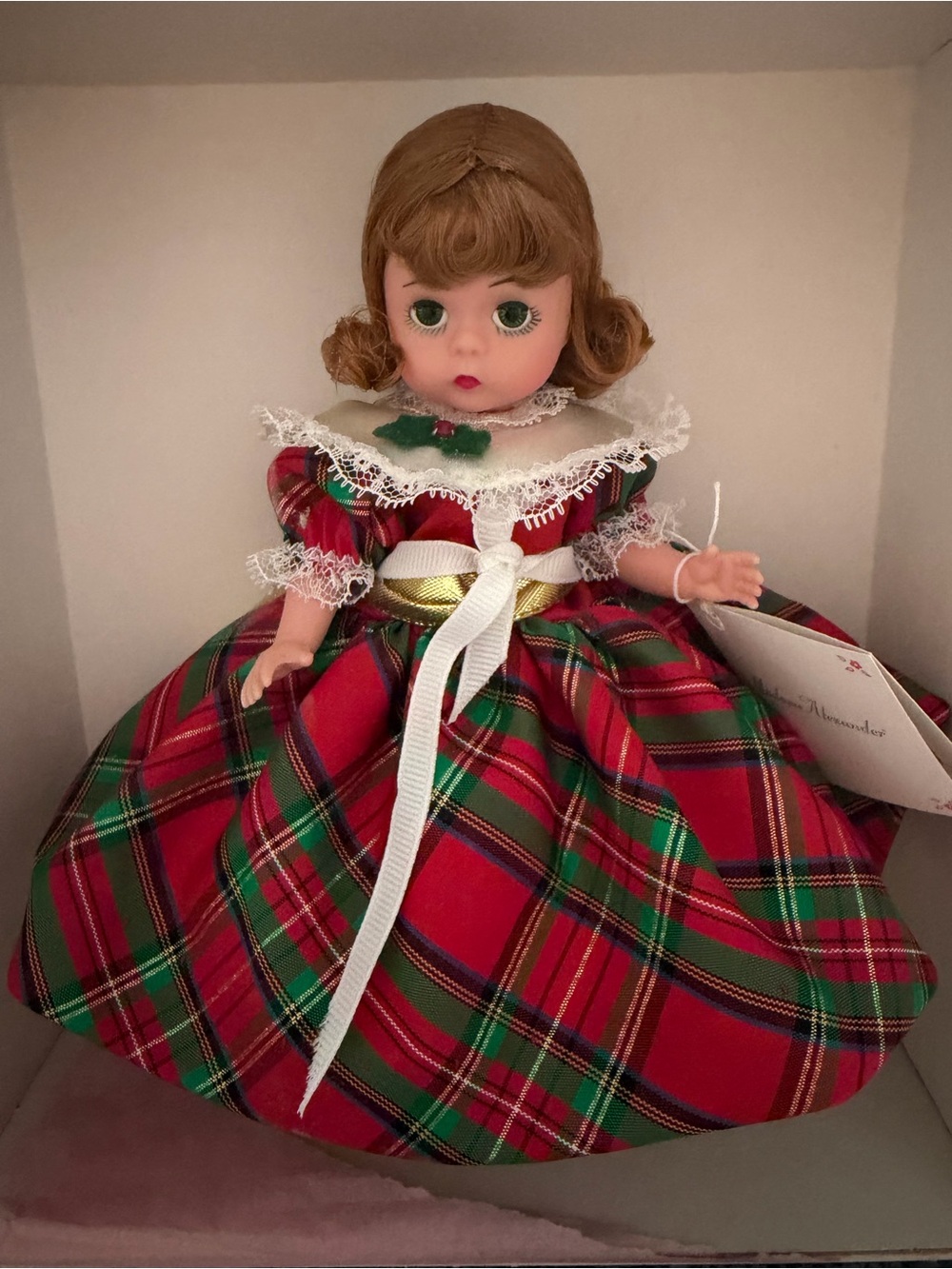 Madame Alexander Christmas Eve 8” Doll Red Plaid Dress Green Eyes w Box Tag
